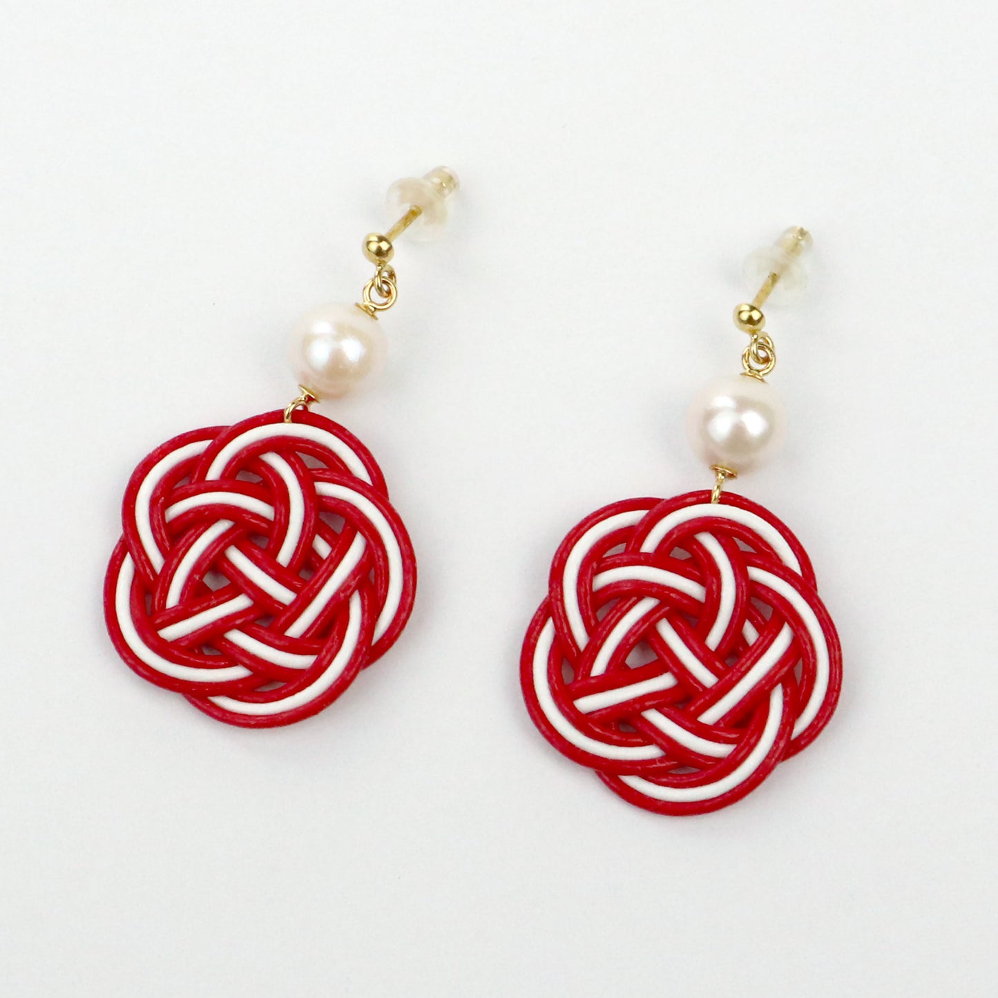 【Ehime Prefecture】Pearl Mizuhiki Earrings Red x White 6.5-7.0mm