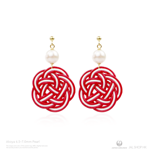 【Ehime Prefecture】Pearl Mizuhiki Earrings Red x White 6.5-7.0mm 